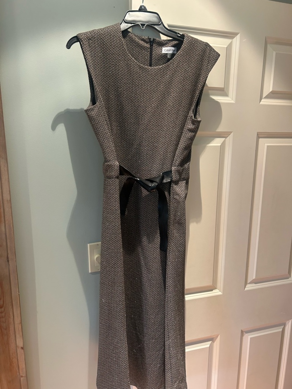 Calvin Klein Brown Chevron Midi Dress with Black Waist Tie